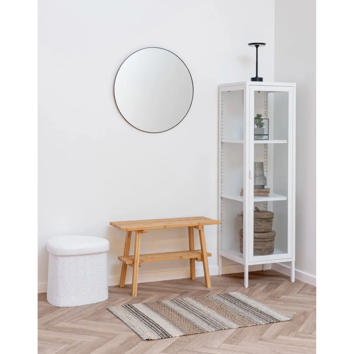 Beistellhocker Lumino Bouclé Weiß mit Stauraum