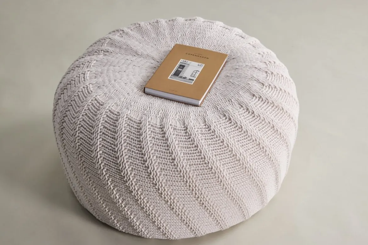 Beistellhocker Lunaro – Runder Hocker in Strickoptik Offwhite (Ø 60 cm)