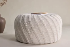 Beistellhocker Lunaro – Runder Hocker in Strickoptik Offwhite (Ø 60 cm)