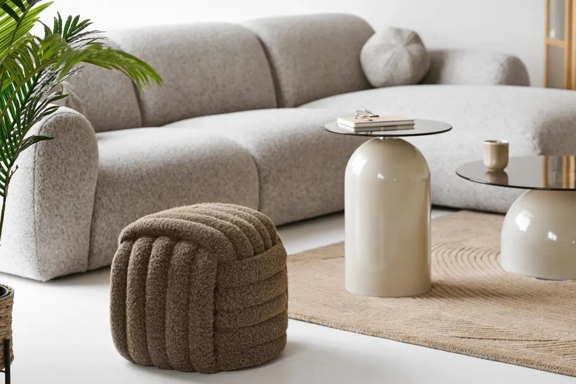 Beistellhocker Velmira – Runder Hocker in Knotenoptik Braun