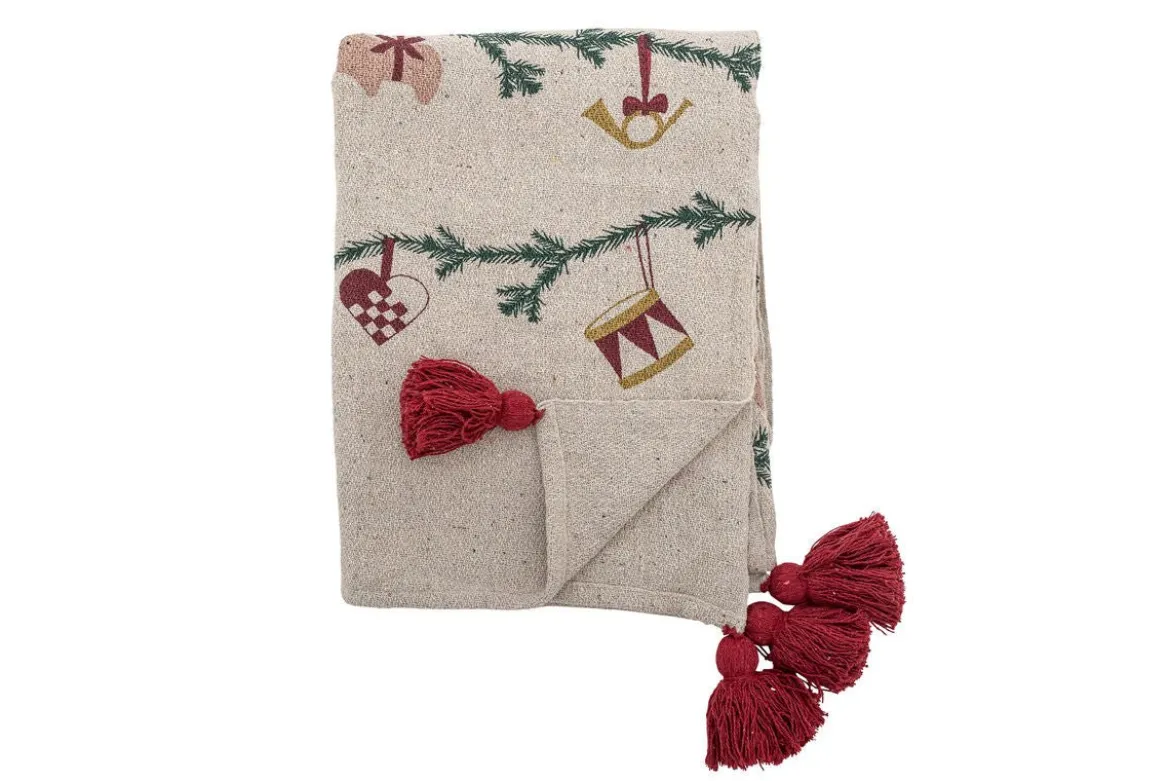 Überwurfdecke Aila - Natur/Rot, aus recycelter Baumwolle, mit Weihnachtsmotiven