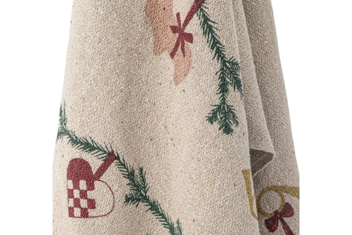 Überwurfdecke Aila - Natur/Rot, aus recycelter Baumwolle, mit Weihnachtsmotiven