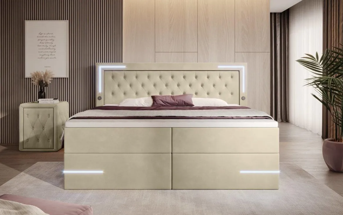 Boxspringbett Carlotta mit LED, Stauraum und USB (Samt)