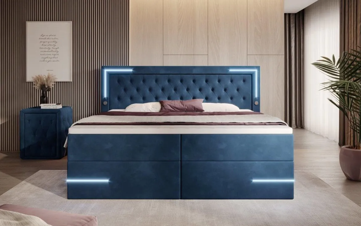 Boxspringbett Carlotta mit LED, Stauraum und USB (Samt)