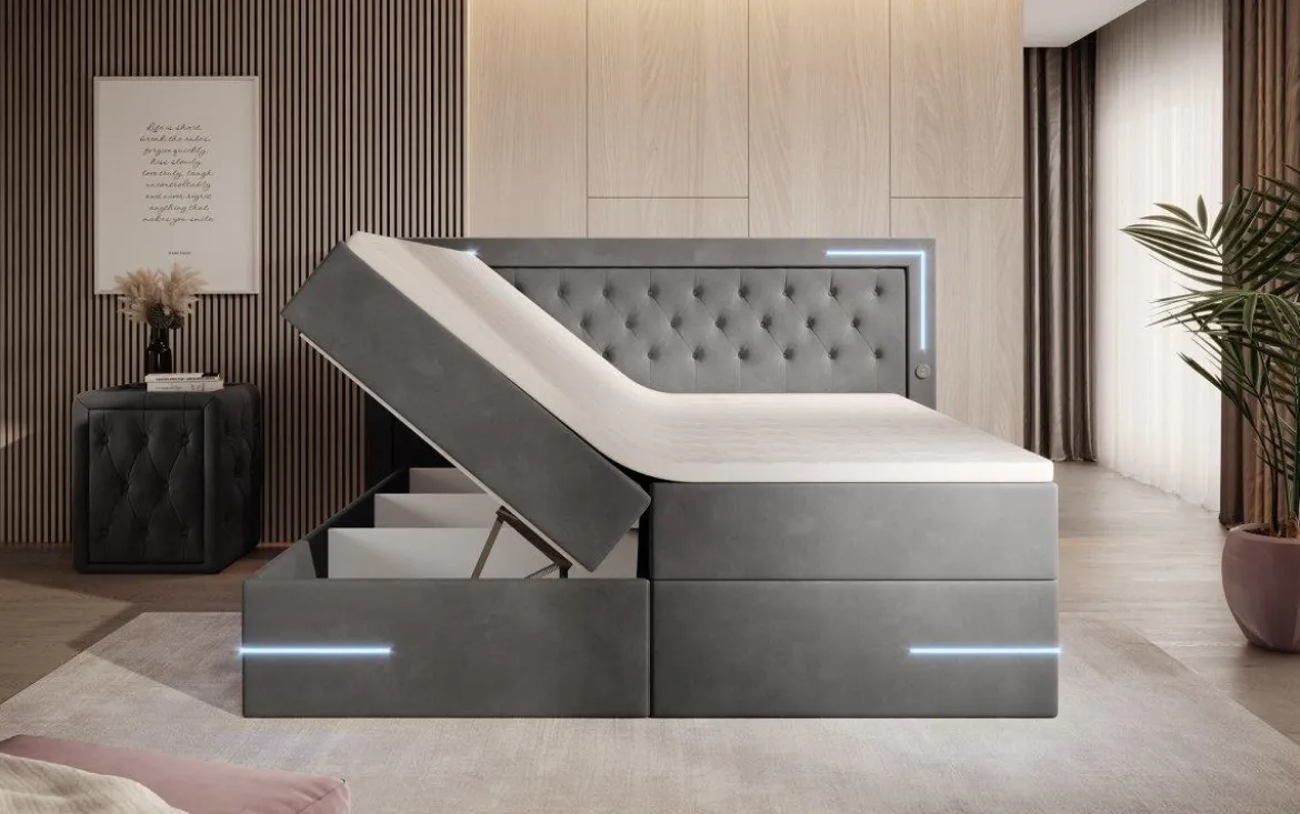 Boxspringbett Carlotta mit LED, Stauraum und USB (Samt)