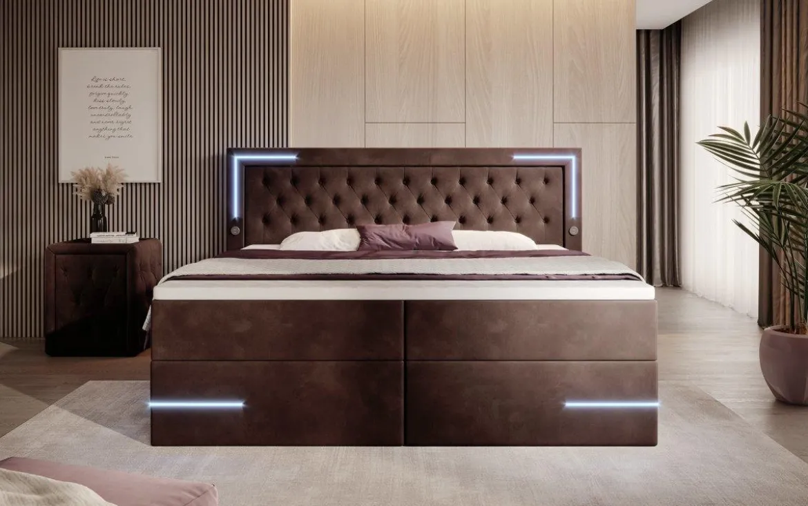 Boxspringbett Carlotta mit LED, Stauraum und USB (Samt)