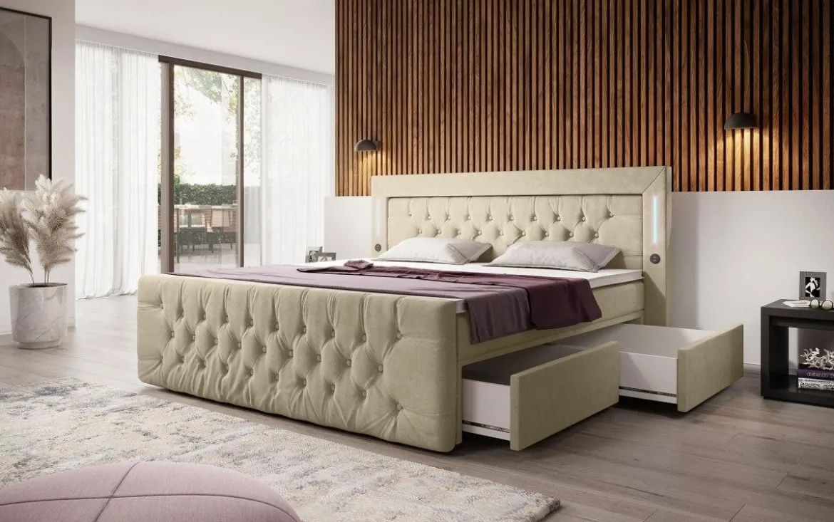 Boxspringbett Charme mit LED, USB und Stauraum (4 Schubladen)