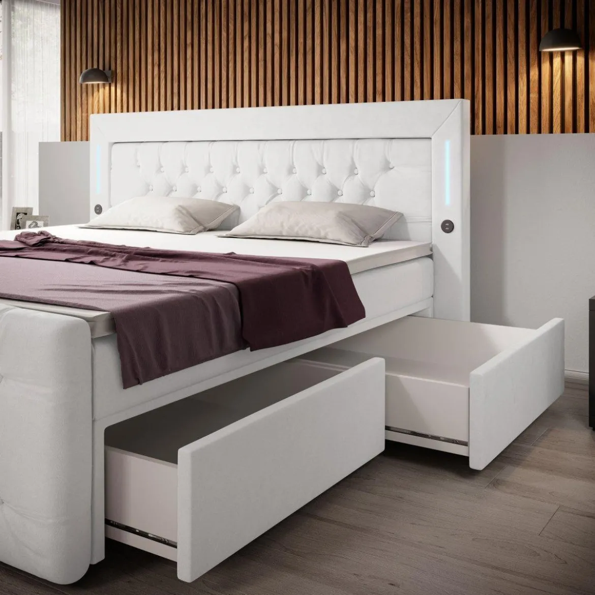 Boxspringbett Charme mit LED, USB und Stauraum (4 Schubladen)