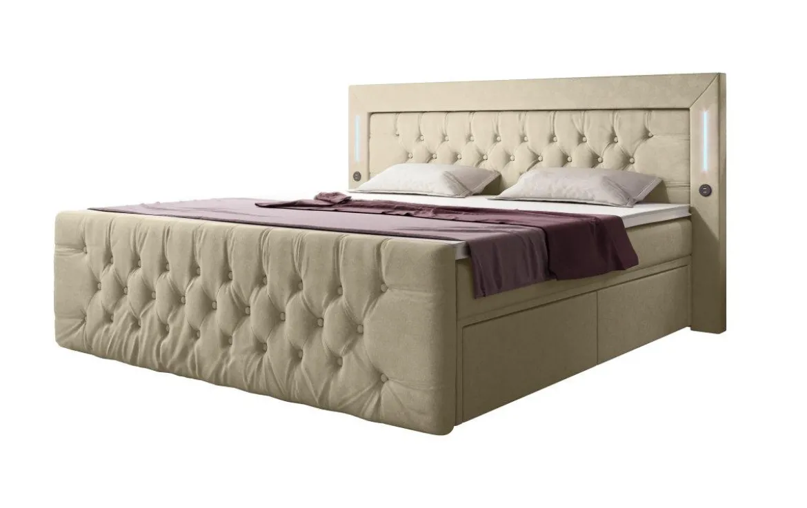 Boxspringbett Charme mit LED, USB und Stauraum (4 Schubladen)