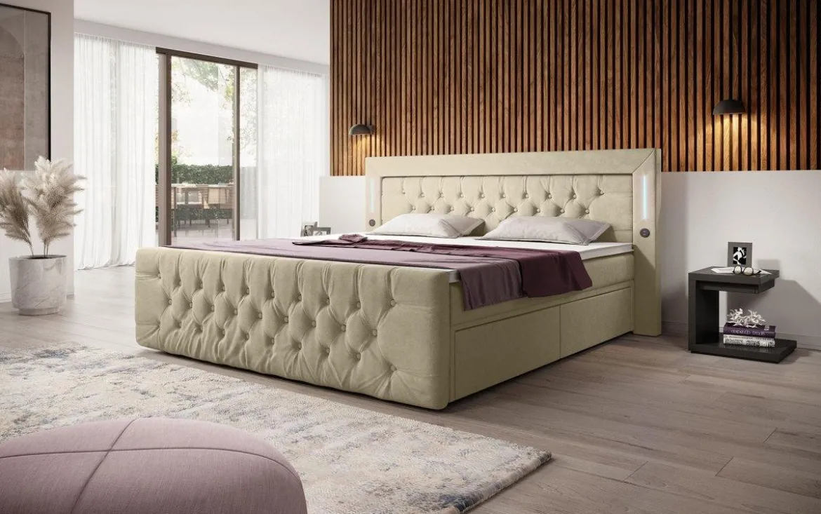 Boxspringbett Charme mit LED, USB und Stauraum (4 Schubladen)