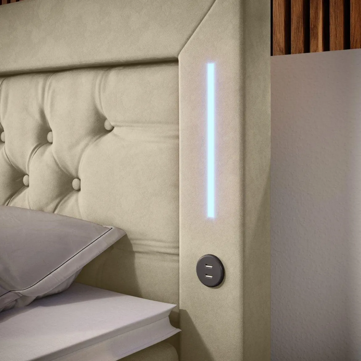 Boxspringbett Charme mit LED, USB und Stauraum (4 Schubladen)