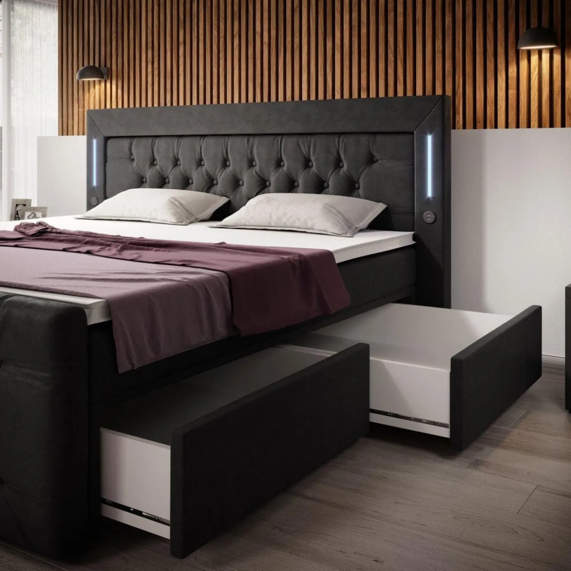 Boxspringbett Charme mit LED, USB und Stauraum (4 Schubladen)