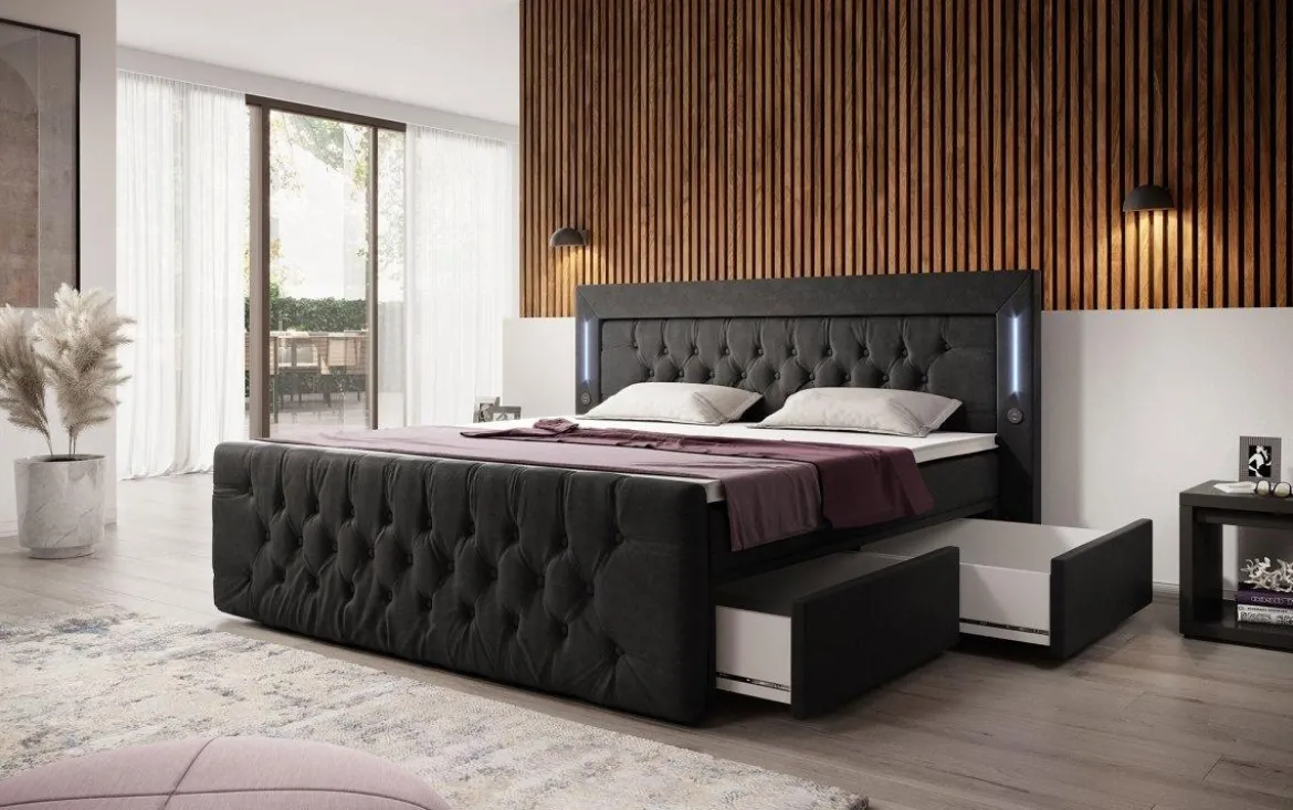 Boxspringbett Charme mit LED, USB und Stauraum (4 Schubladen)