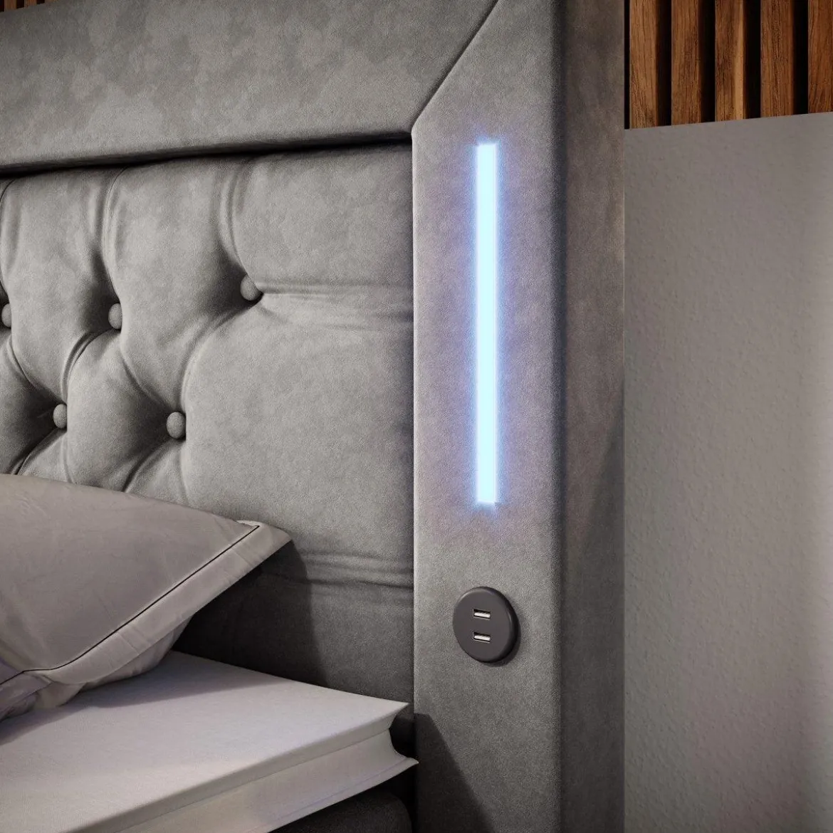 Boxspringbett Charme mit LED, USB und Stauraum (4 Schubladen)