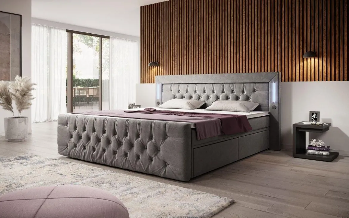 Boxspringbett Charme mit LED, USB und Stauraum (4 Schubladen)