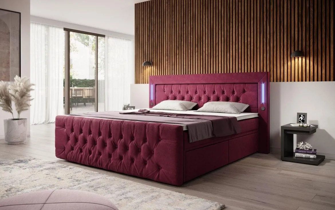 Boxspringbett Charme mit LED, USB und Stauraum (4 Schubladen)