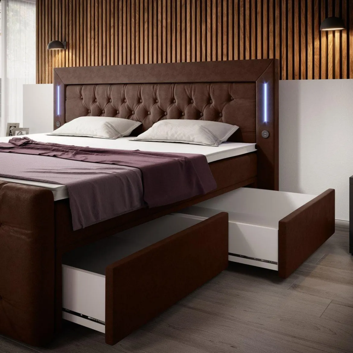 Boxspringbett Charme mit LED, USB und Stauraum (4 Schubladen)