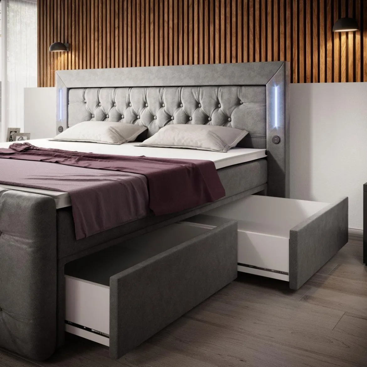 Boxspringbett Charme mit LED, USB und Stauraum (4 Schubladen)