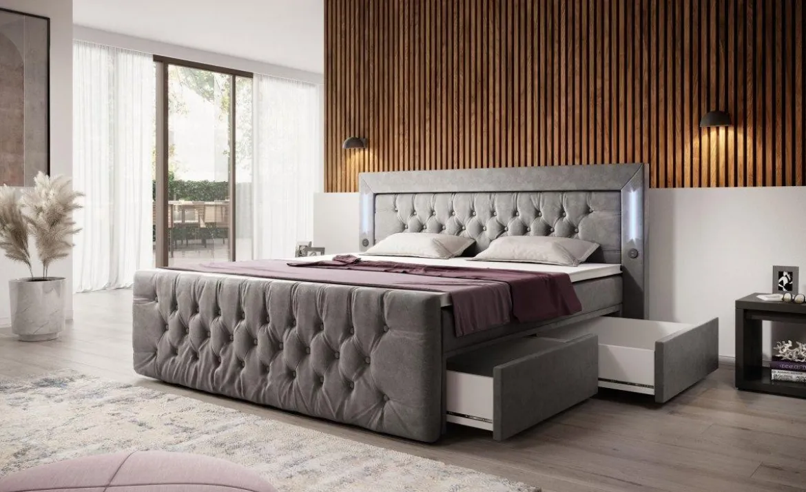 Boxspringbett Charme mit LED, USB und Stauraum (4 Schubladen)