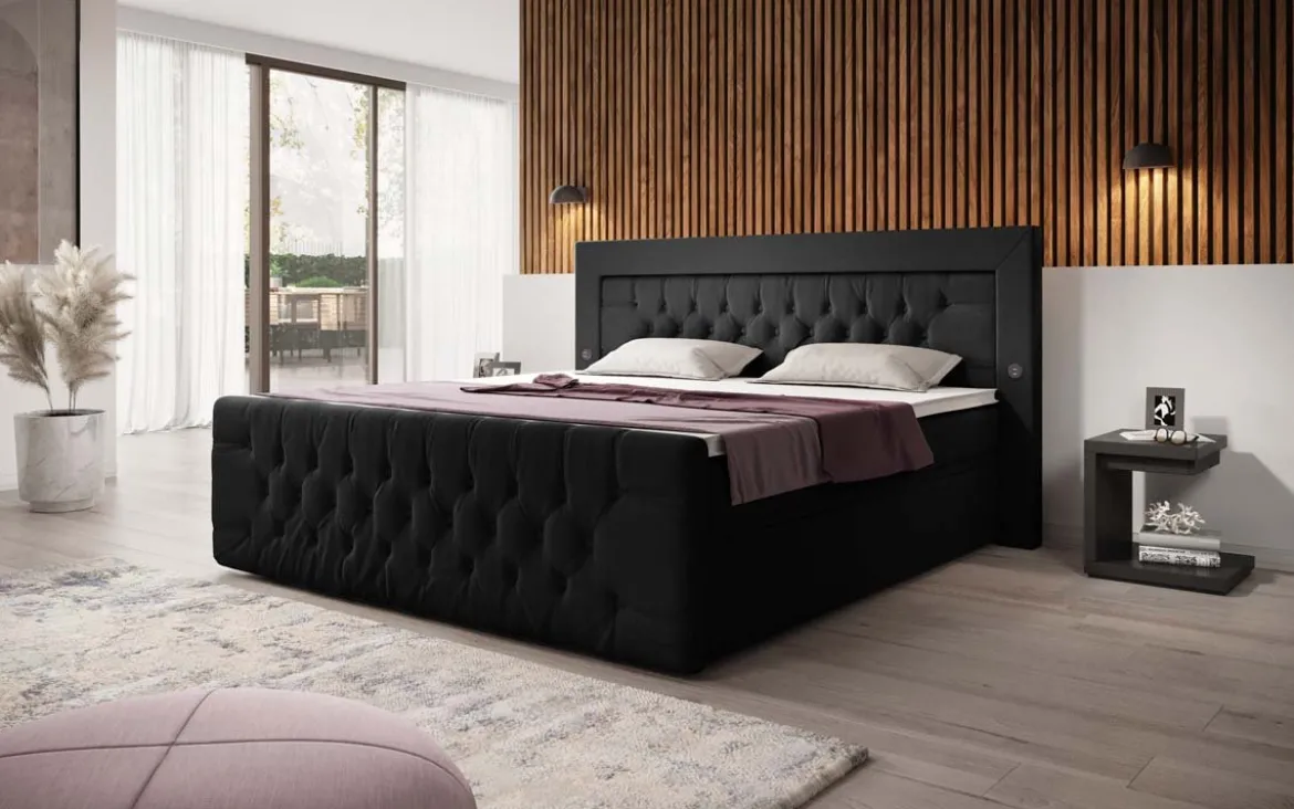 Boxspringbett Diva Bouclé mit USB, LED und 2 Schubalden