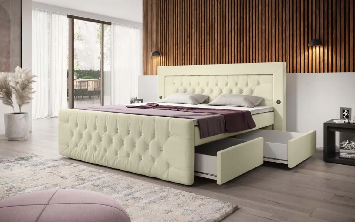 Boxspringbett Diva Bouclé mit USB, LED und 2 Schubalden