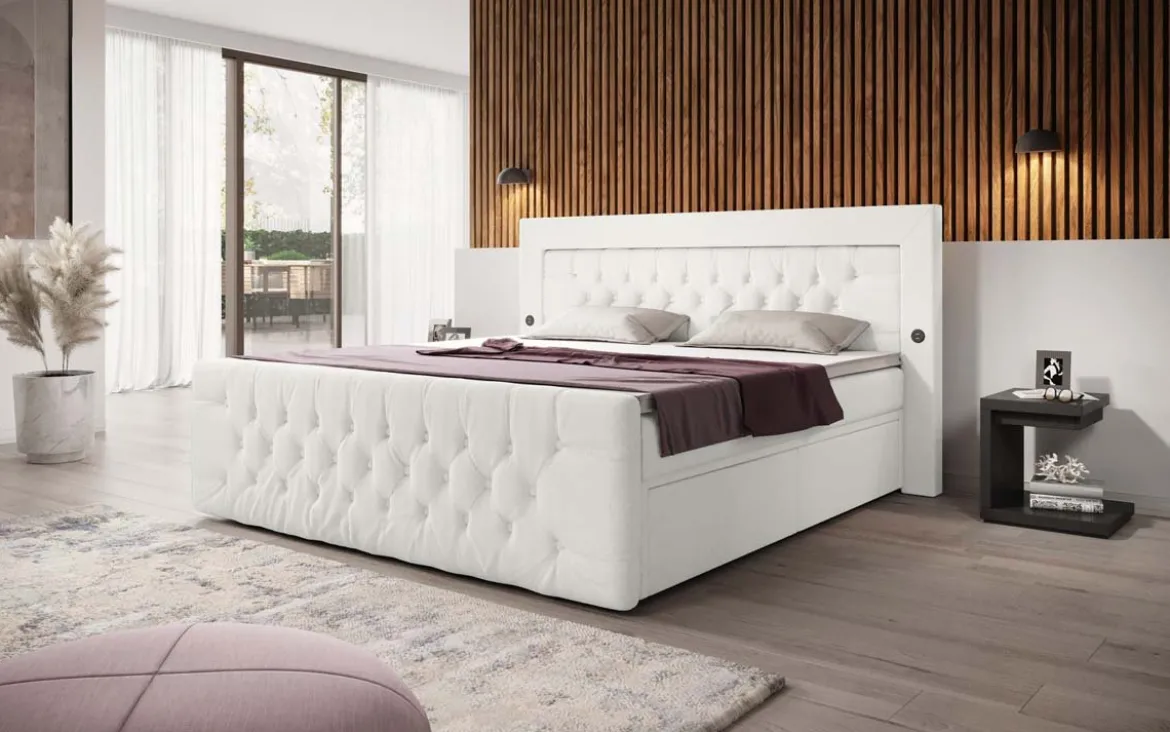 Boxspringbett Diva Bouclé mit USB, LED und 2 Schubalden