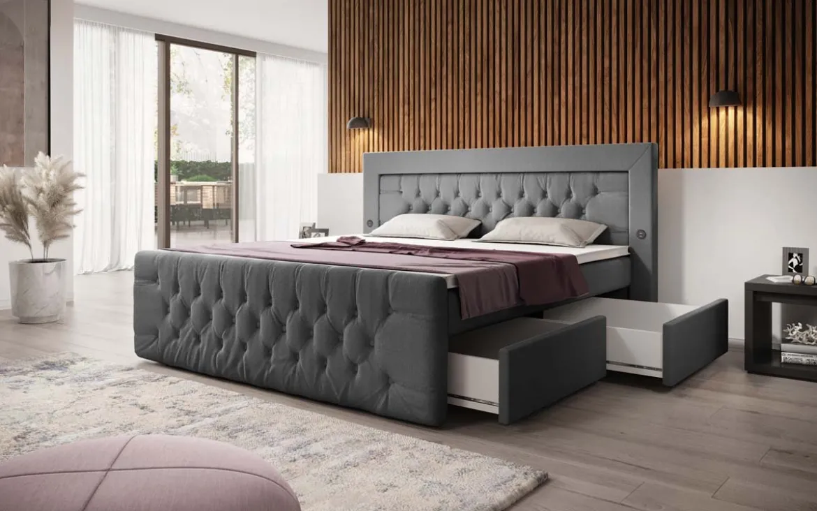 Boxspringbett Diva Bouclé mit USB, LED und 2 Schubalden