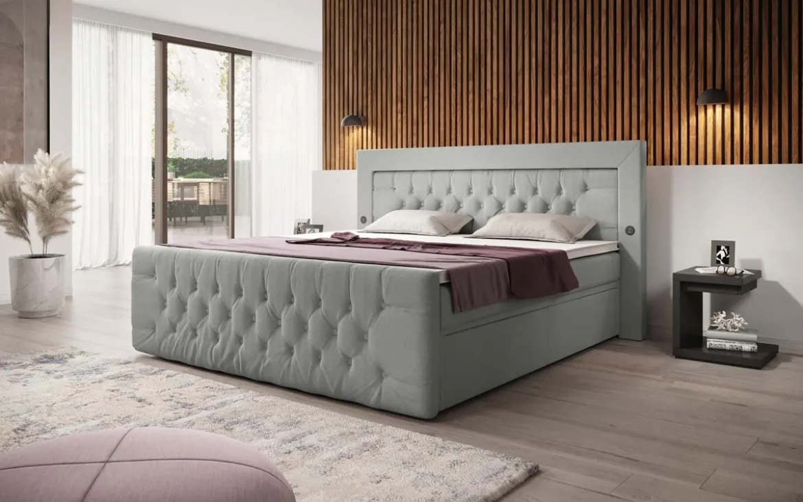Boxspringbett Diva Bouclé mit USB, LED und 2 Schubalden
