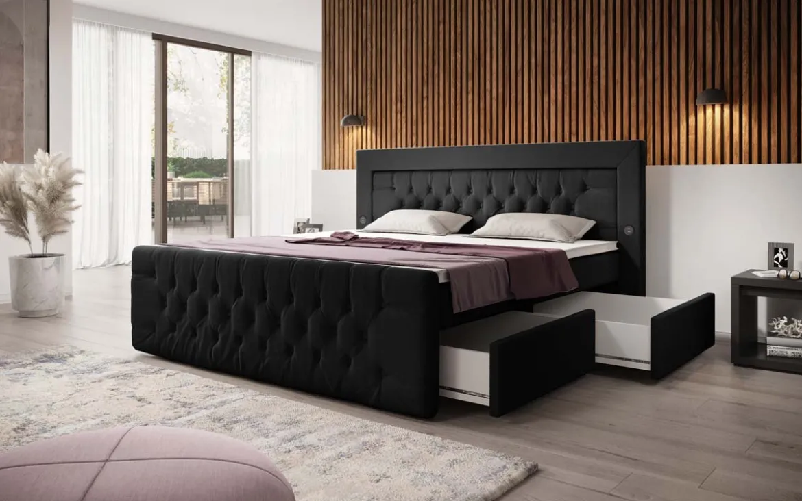 Boxspringbett Diva Bouclé mit USB, LED und 2 Schubalden