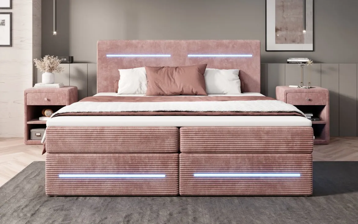 Boxspringbett Lara mit Stauraum und LED in Cord