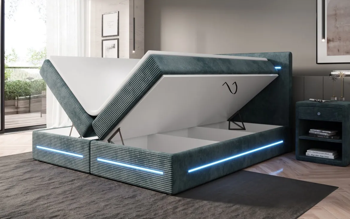 Boxspringbett Lara mit Stauraum und LED in Cord