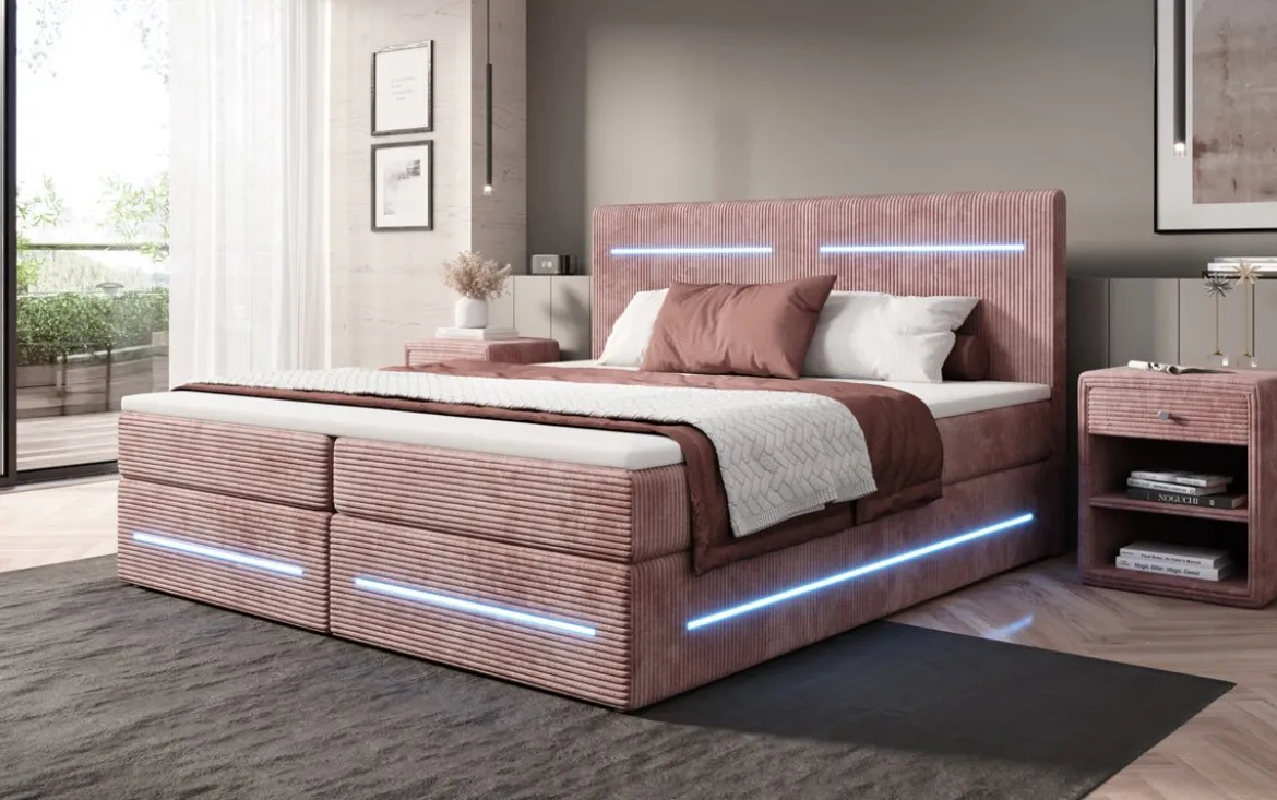 Boxspringbett Lara mit Stauraum und LED in Cord
