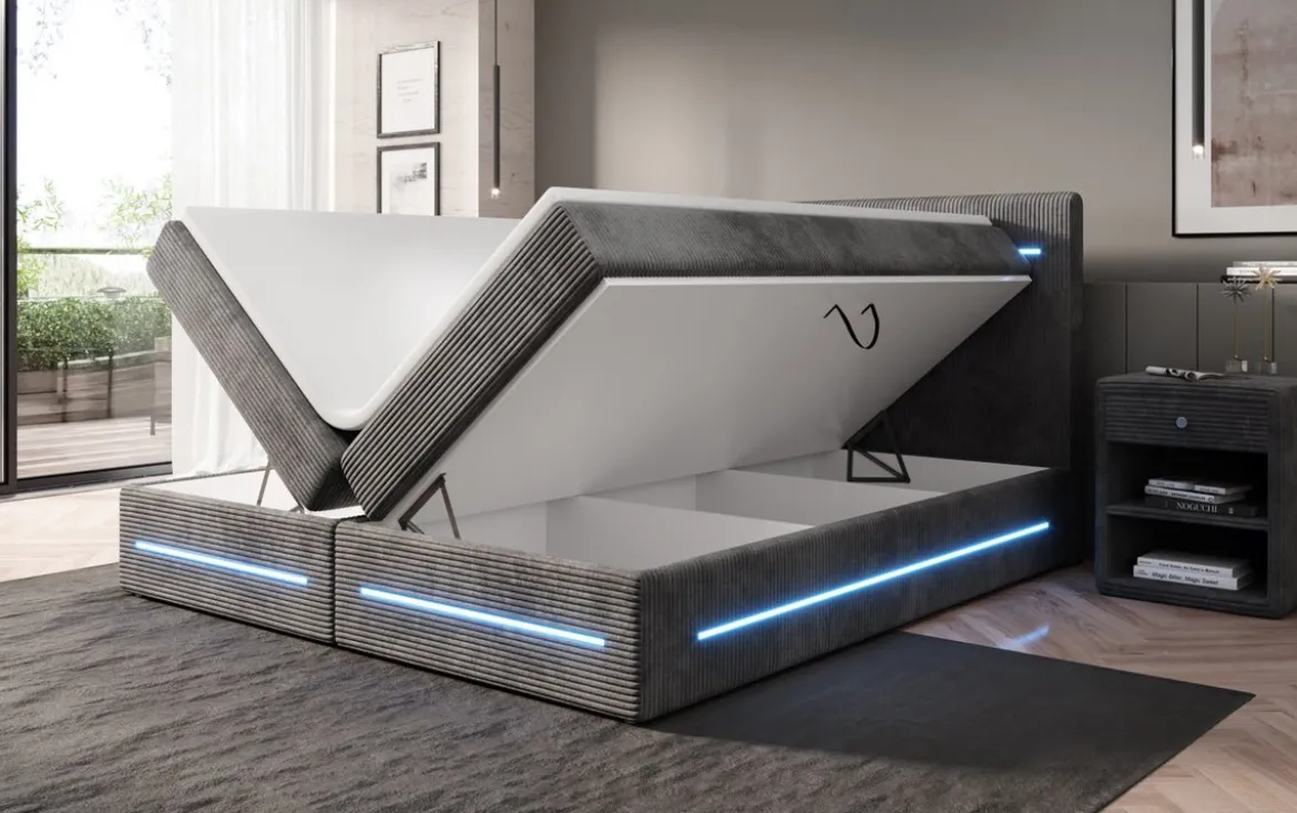 Boxspringbett Lara mit Stauraum und LED in Cord