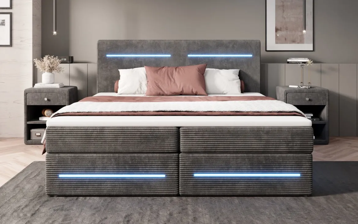 Boxspringbett Lara mit Stauraum und LED in Cord