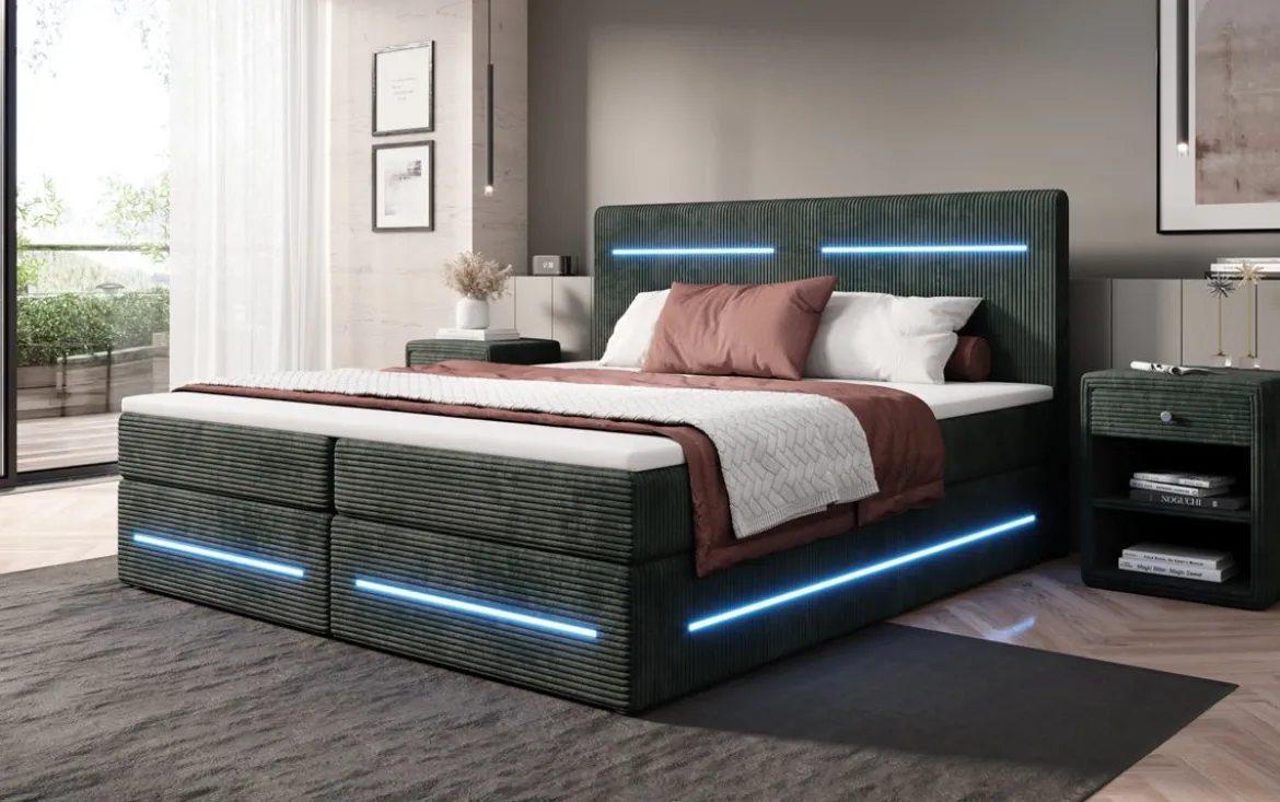 Boxspringbett Lara mit Stauraum und LED in Cord