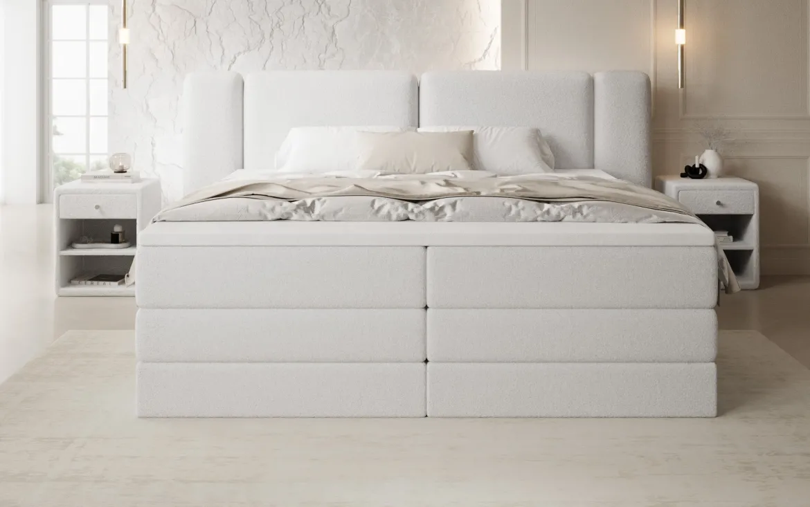 Boxspringbett Leni mit hochklappbarem Stauraum in Teddy Bouclé