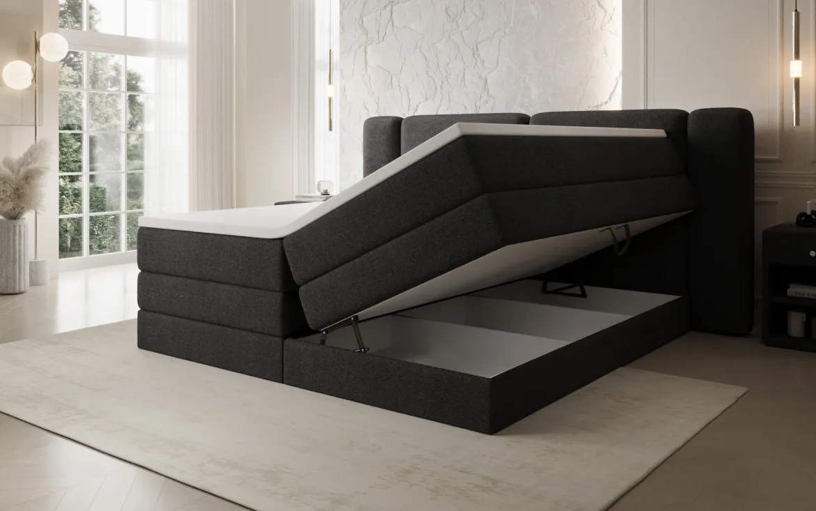 Boxspringbett Leni mit hochklappbarem Stauraum in Teddy Bouclé