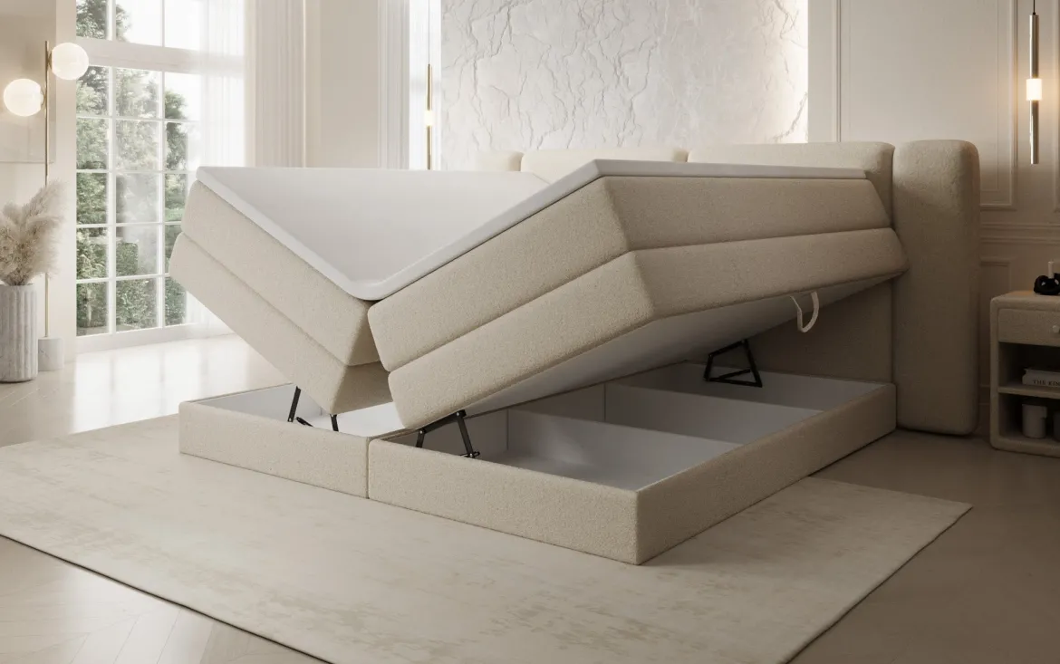 Boxspringbett Leni mit hochklappbarem Stauraum in Teddy Bouclé