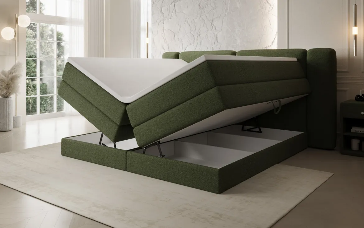 Boxspringbett Leni mit hochklappbarem Stauraum in Teddy Bouclé