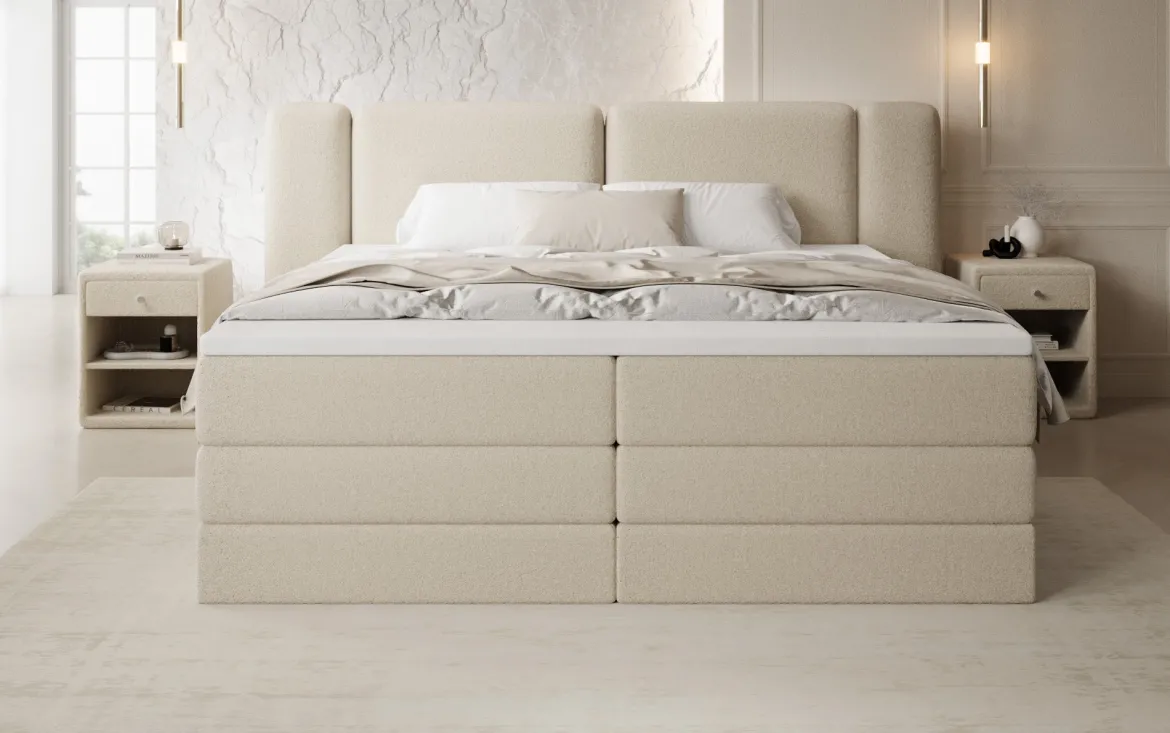 Boxspringbett Leni mit hochklappbarem Stauraum in Teddy Bouclé