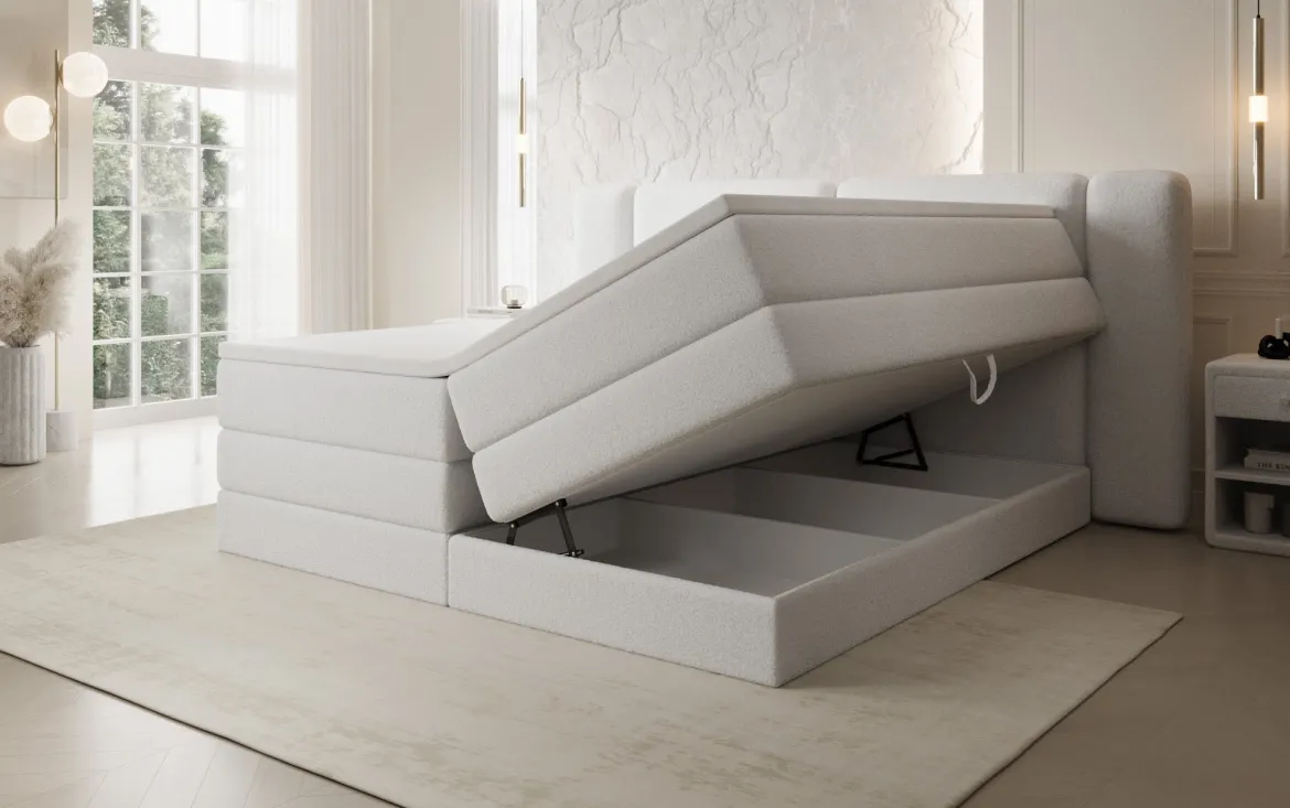 Boxspringbett Leni mit hochklappbarem Stauraum in Teddy Bouclé