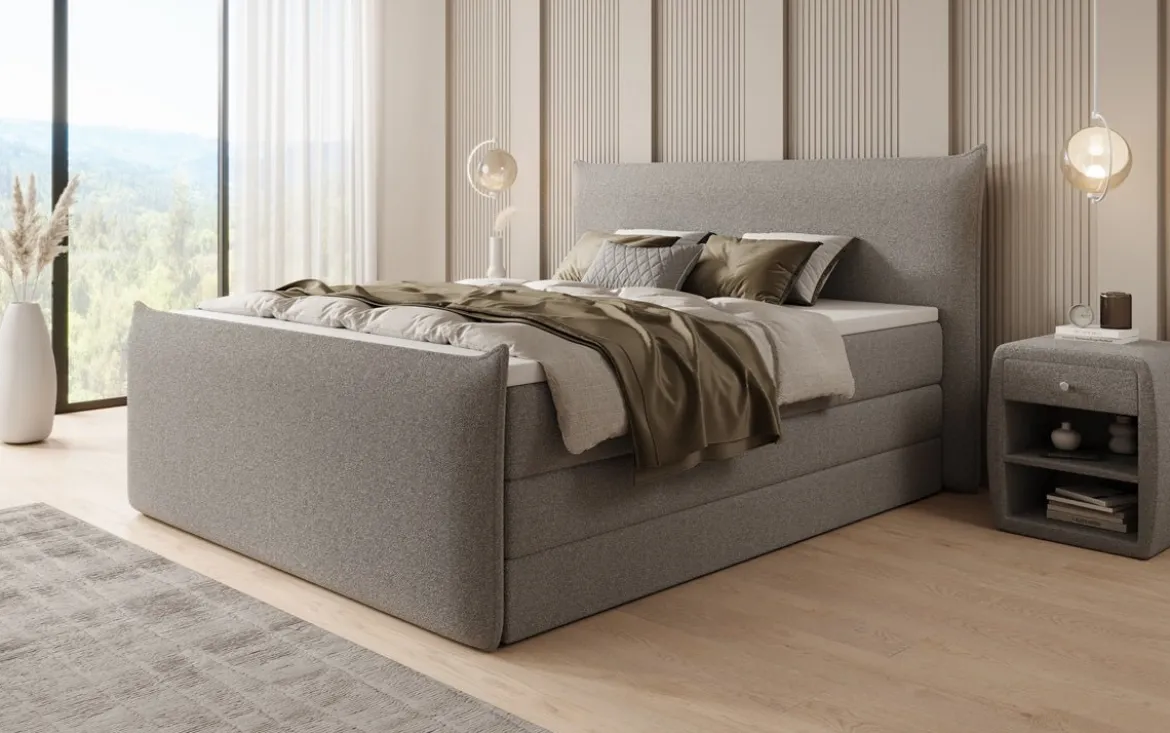Boxspringbett Liana II mit hochklappbarem Stauraum in Teddy Bouclé