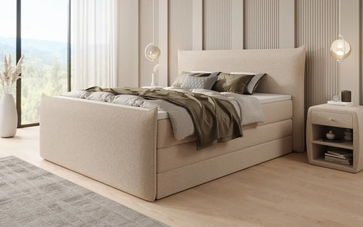 Boxspringbett Liana II mit hochklappbarem Stauraum in Teddy Bouclé