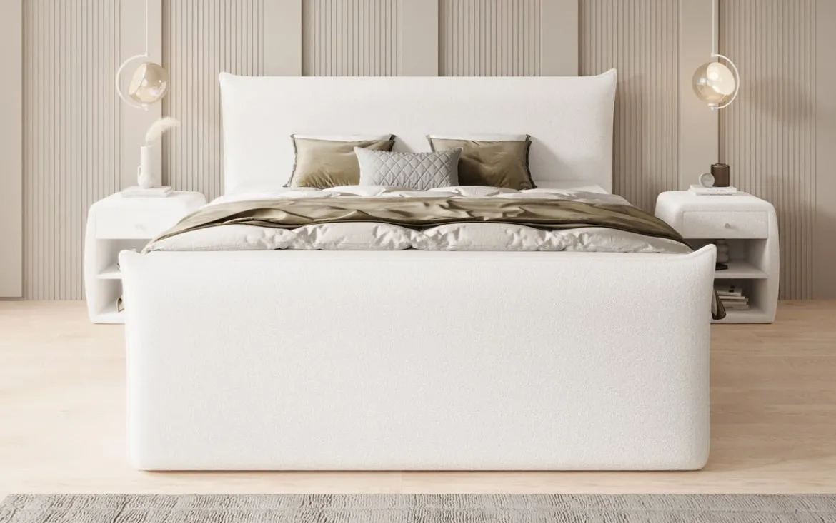 Boxspringbett Liana II mit hochklappbarem Stauraum in Teddy Bouclé