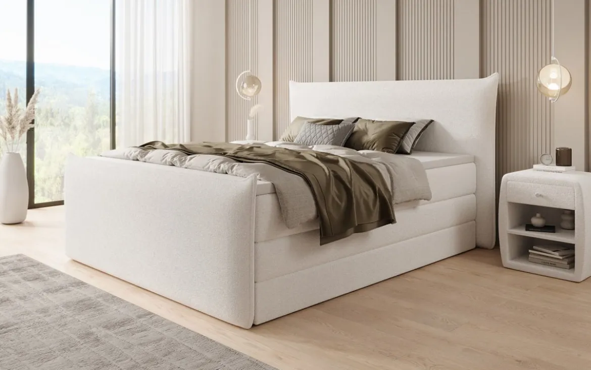 Boxspringbett Liana II mit hochklappbarem Stauraum in Teddy Bouclé