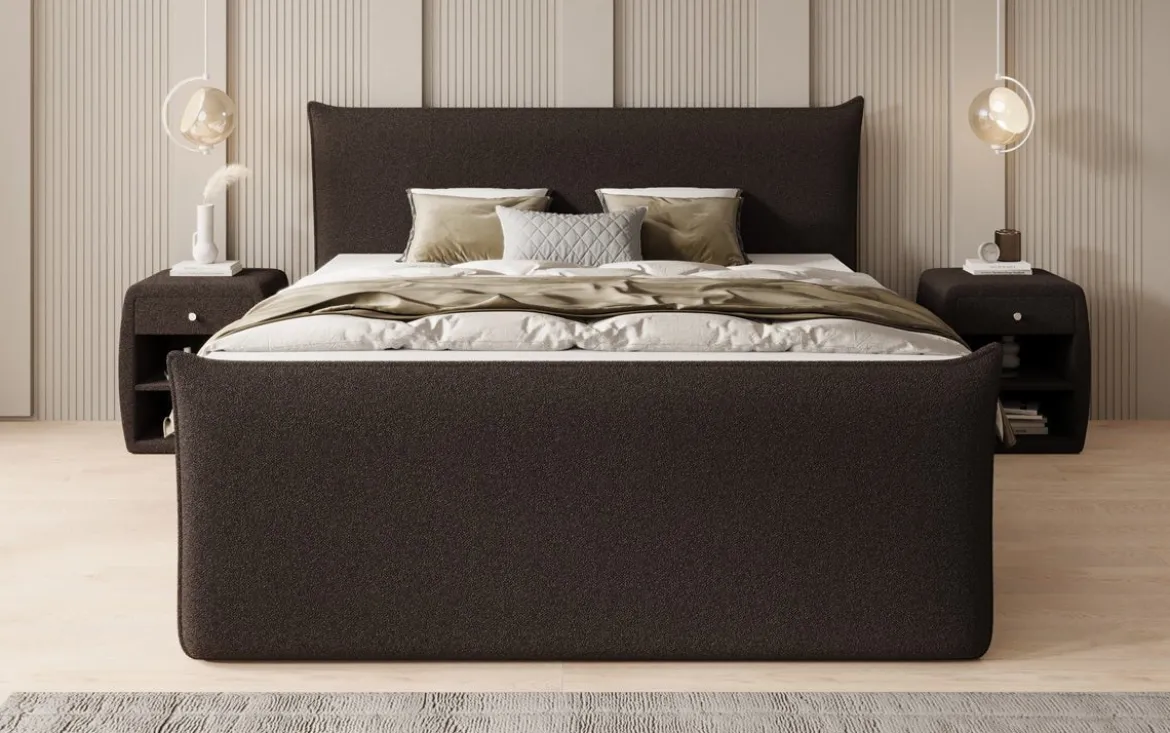 Boxspringbett Liana II mit hochklappbarem Stauraum in Teddy Bouclé