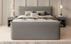 Boxspringbett Liana II mit hochklappbarem Stauraum in Teddy Bouclé
