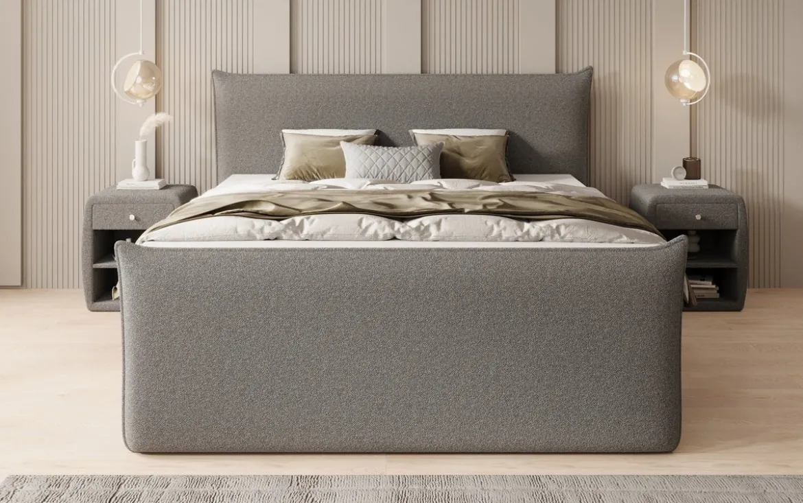 Boxspringbett Liana II mit hochklappbarem Stauraum in Teddy Bouclé