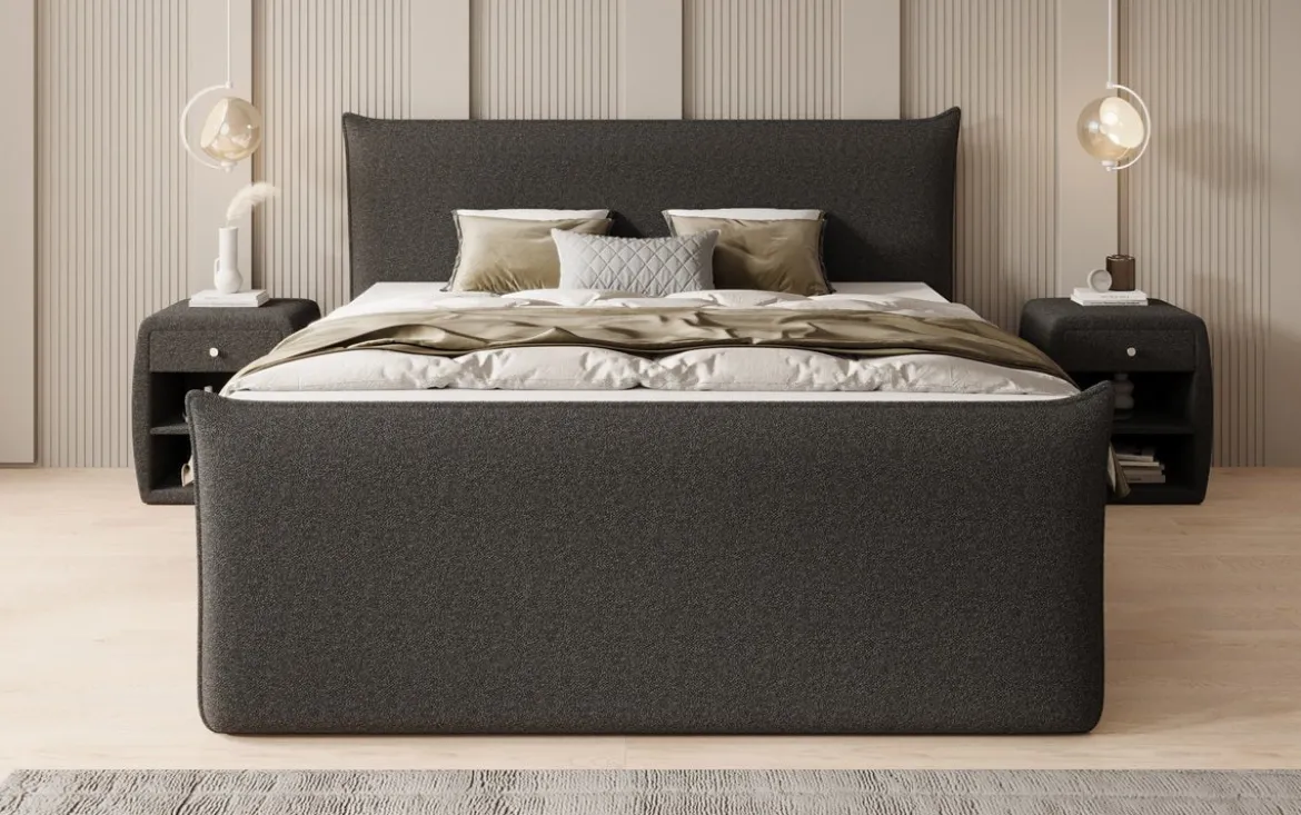 Boxspringbett Liana II mit hochklappbarem Stauraum in Teddy Bouclé