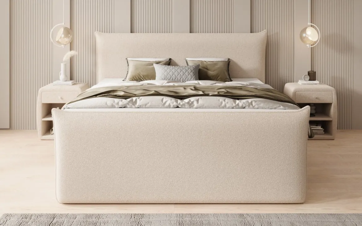 Boxspringbett Liana II mit hochklappbarem Stauraum in Teddy Bouclé